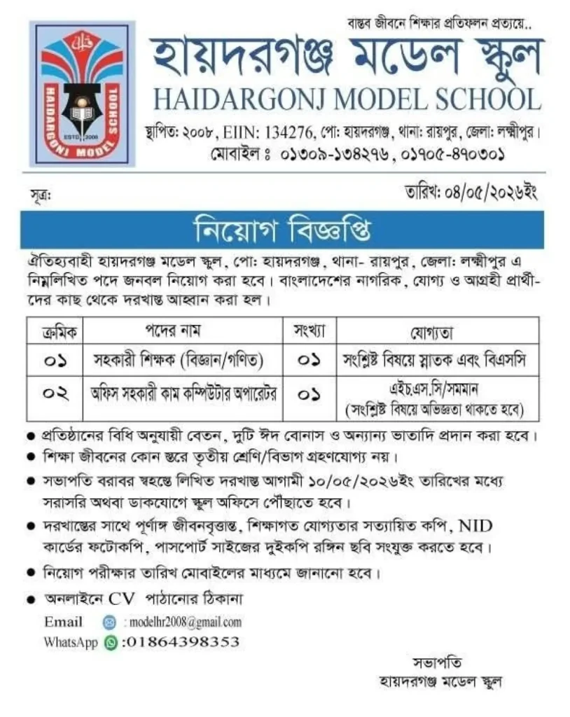 হায়দরগঞ্জ মডেল স্কুলে নিয়োগ বিজ্ঞপ্তি